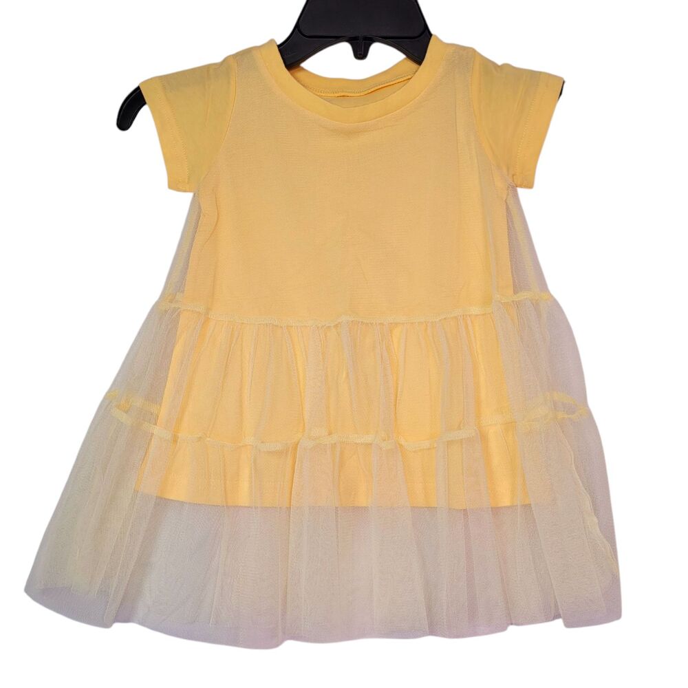 Girl's Short Sleeve Crew Neck Summer Casual Dress Yellow Size 2T